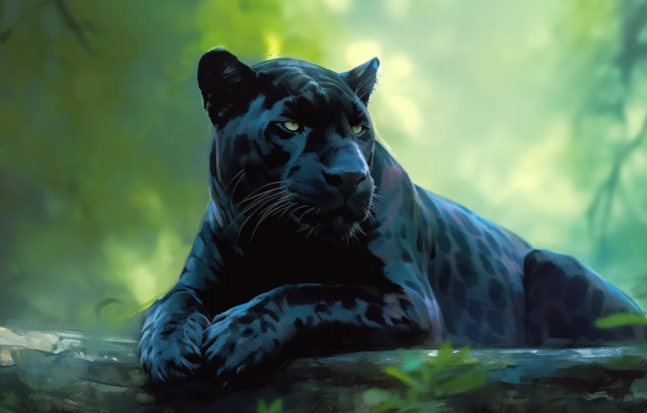 Photo wallpaper look, face, leaves, nature, pose, black, Panther, lies