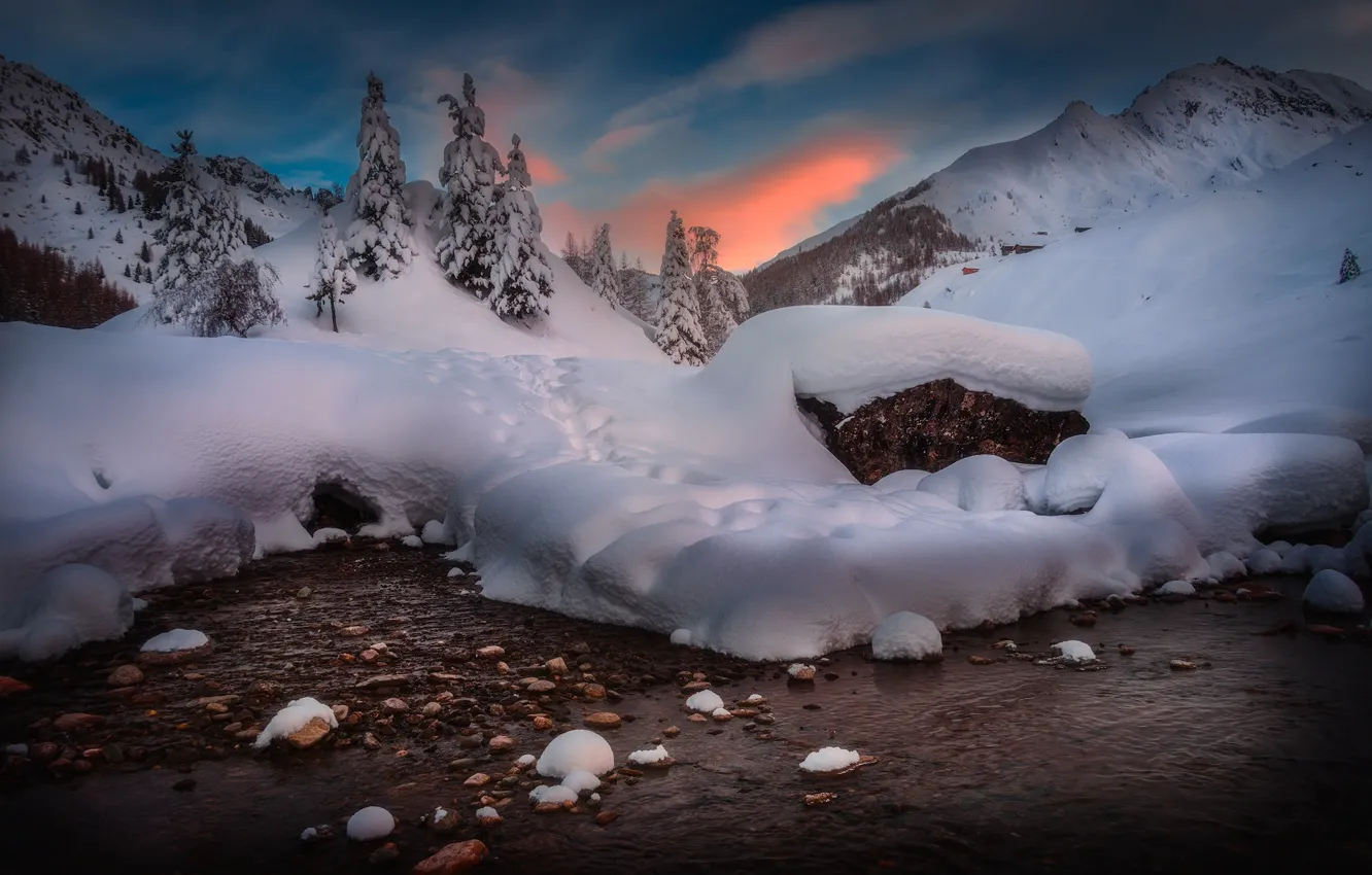 Photo wallpaper winter, snow, trees, landscape, mountains, nature, morning, ate