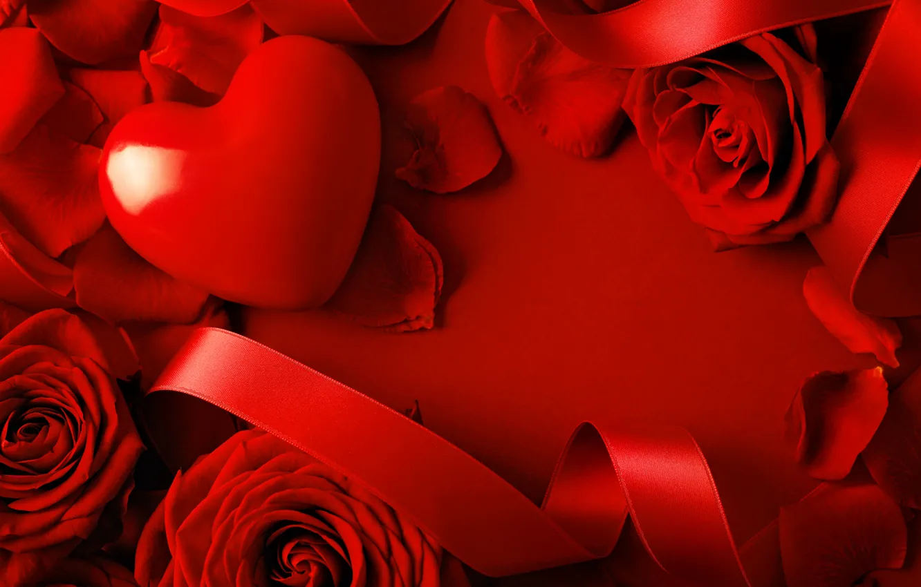 Photo wallpaper flowers, red, roses, tape, hearts, Valentine's day