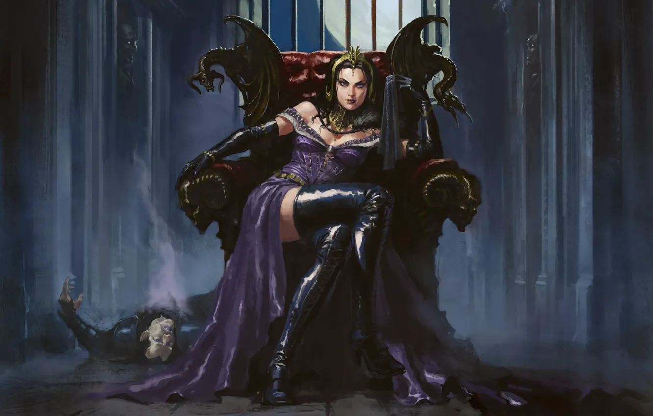 Photo wallpaper girl, MAG, necromancer, Liliana, Magic: The Gathering, sitting on the throne