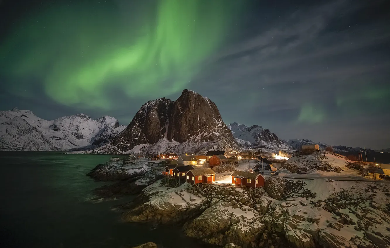 Photo wallpaper mountains, Northern lights, Norway, houses, polar lights, Lofoten