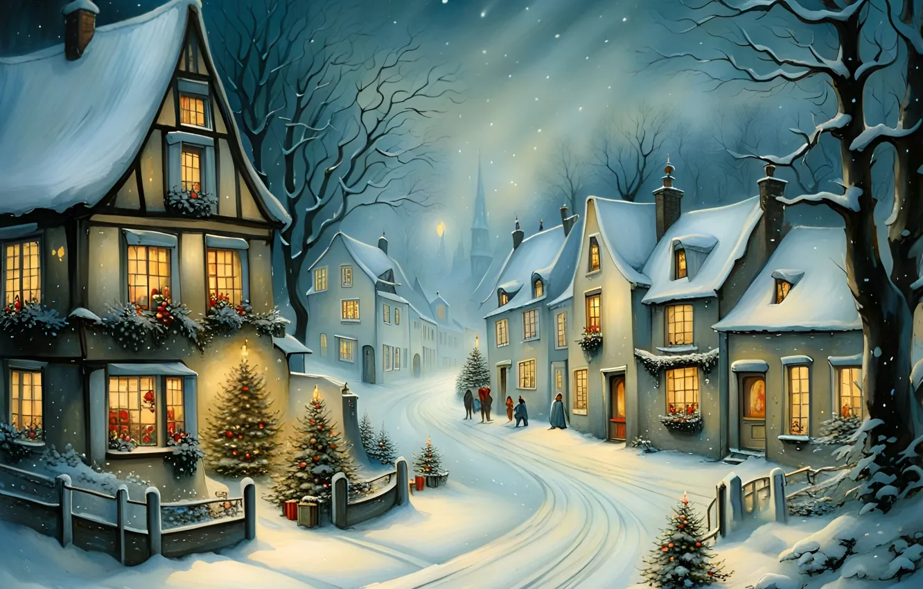 Photo wallpaper winter, road, roof, the sky, light, snow, decoration, trees