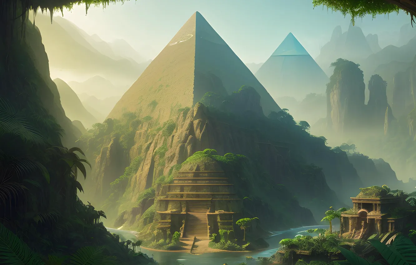 Photo wallpaper forest, river, rocks, jungle, pyramid