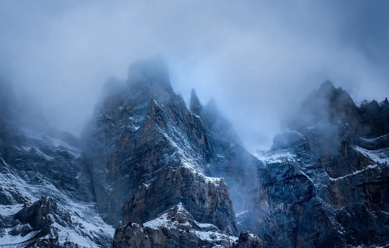 Photo wallpaper winter, the sky, snow, mountains, nature, fog, rocks