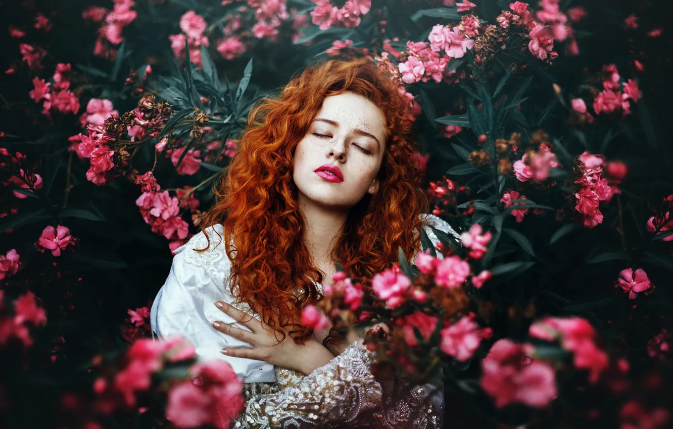 Photo wallpaper flowers, makeup, lipstick, freckles, braces, the red-haired girl, Ronny Garcia, You born here little princess