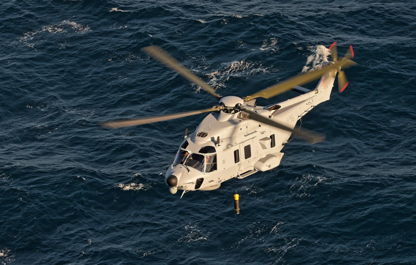 Photo wallpaper sea, helicopter, sonar of the active type, sonar, Swedish NH90