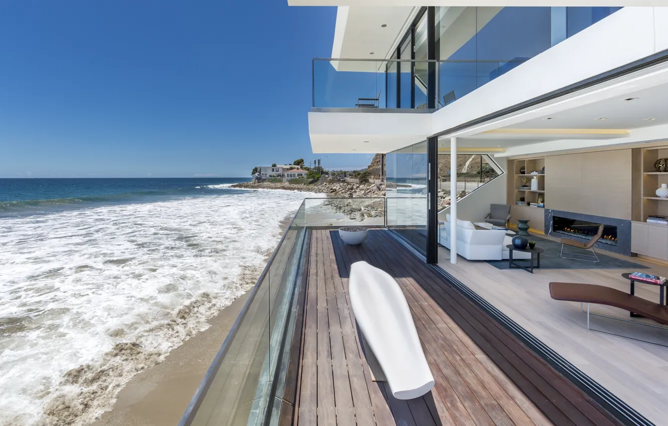 Photo wallpaper Villa, interior, CA, fireplace, terrace, living room, on the ocean, Malibu Residence