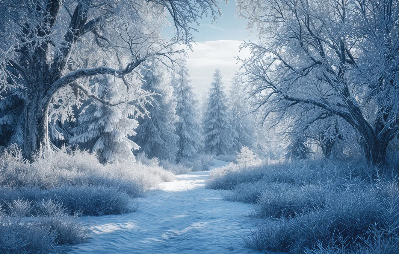 Photo wallpaper forest, winter, sleet