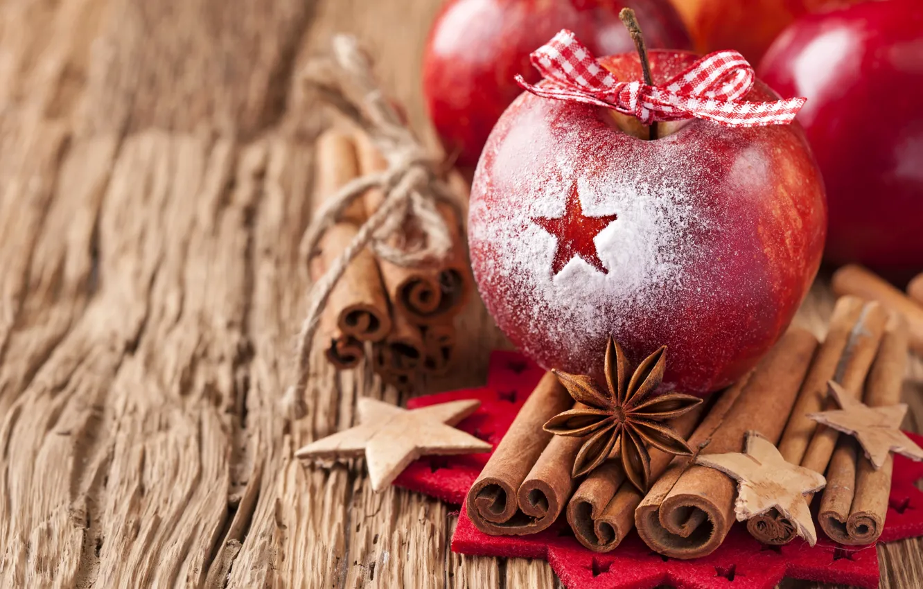 Photo wallpaper winter, red, holiday, apples, sticks, cinnamon, bow, ribbon