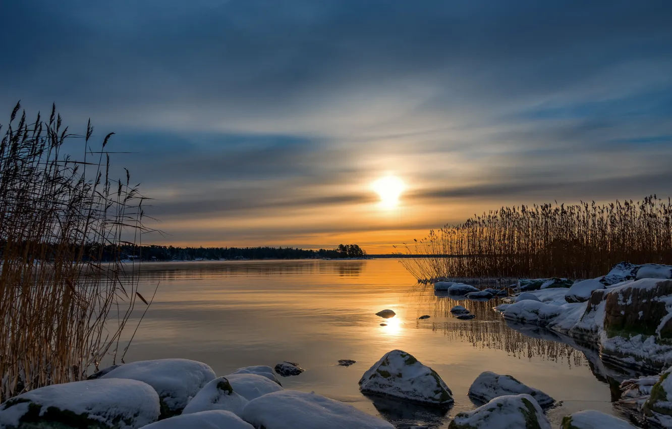 Photo wallpaper winter, sunset, lake