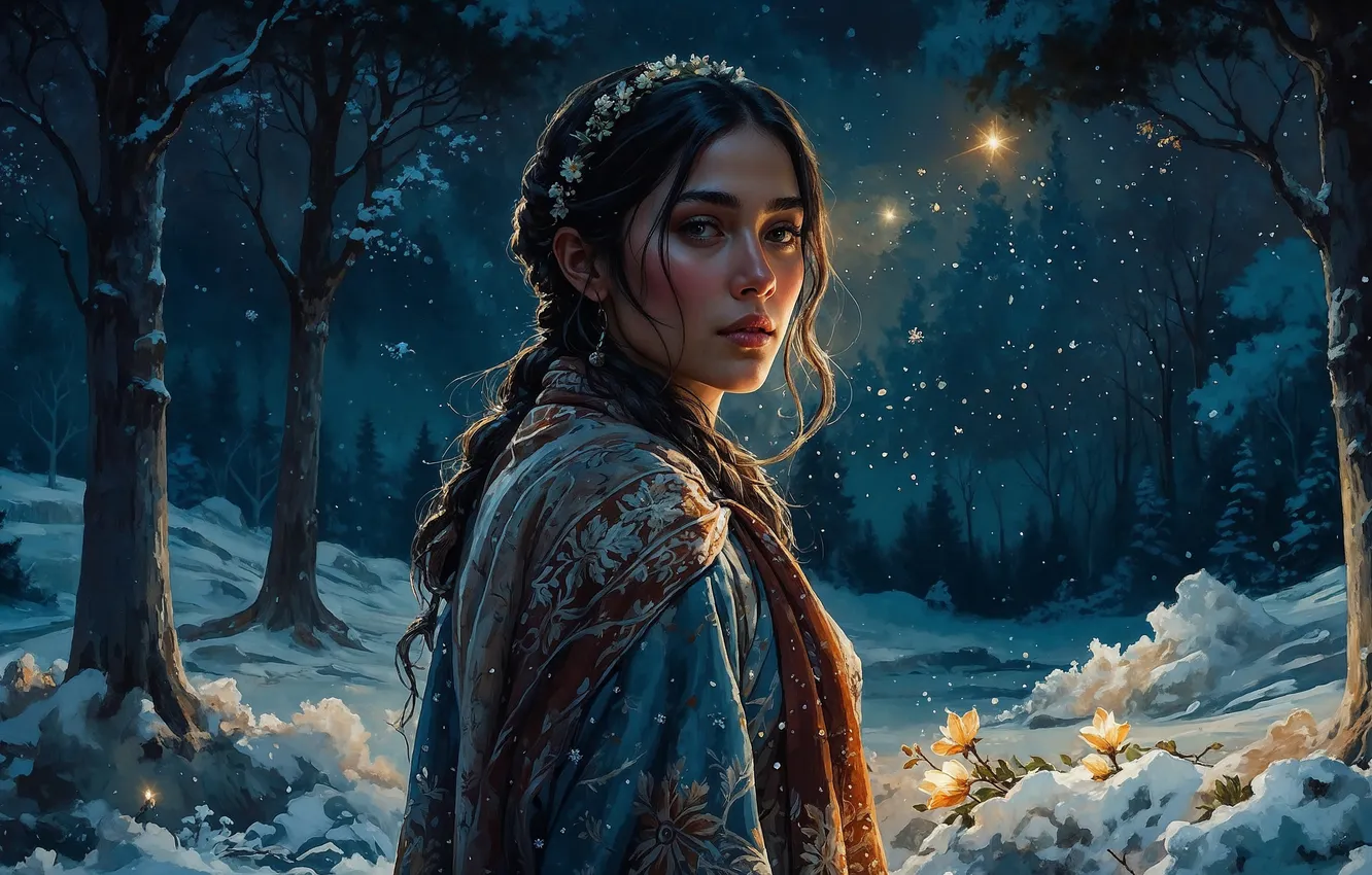 Photo wallpaper winter, forest, girl, stars, snow, trees, night, nature