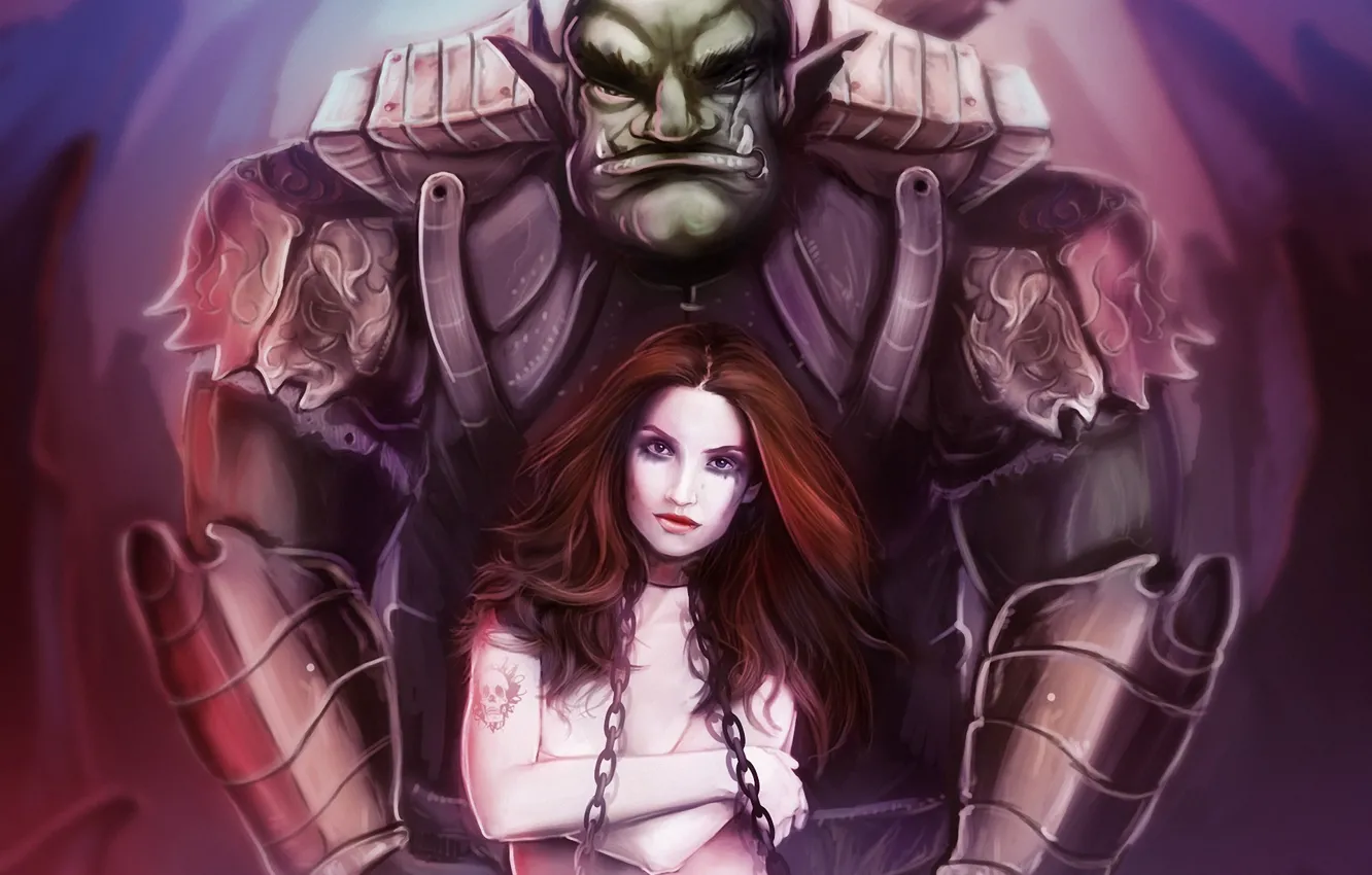 Photo wallpaper girl, monster, tattoo, art, chain, Orc