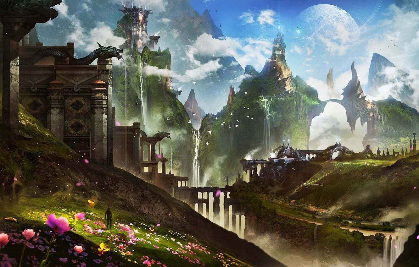 Photo wallpaper flowers, mountains, bridge, hills, dragon, people, planet, waterfall