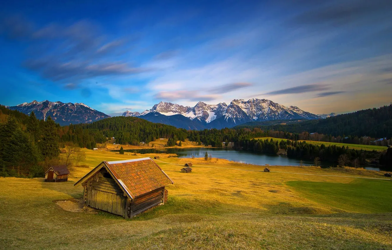Photo wallpaper trees, mountains, lake, Germany, Bayern, house