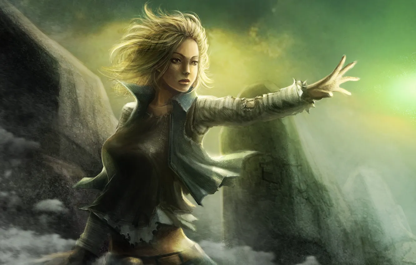 Photo wallpaper girl, stones, the wind, gesture, rags