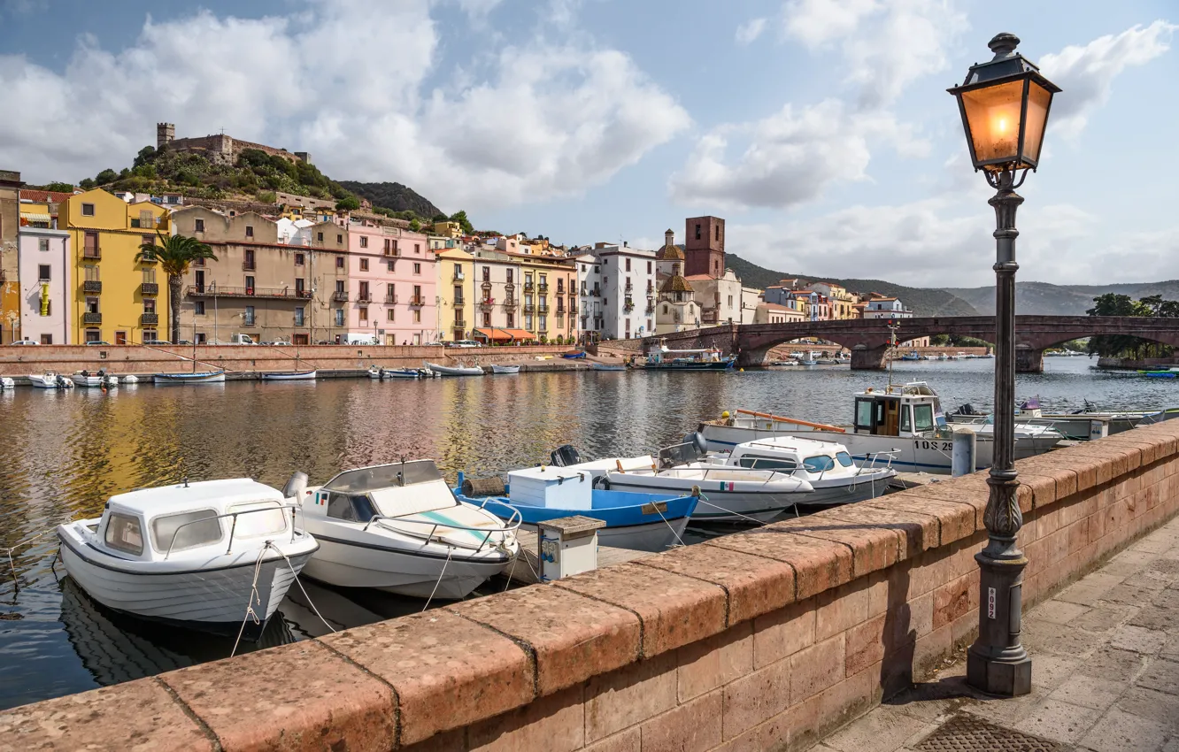 Photo wallpaper bridge, home, lights, Italy, Sardinia, Bosa