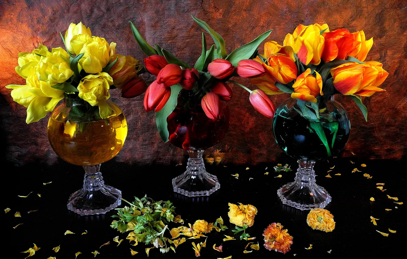 Photo wallpaper leaves, flowers, petals, tulips, vases