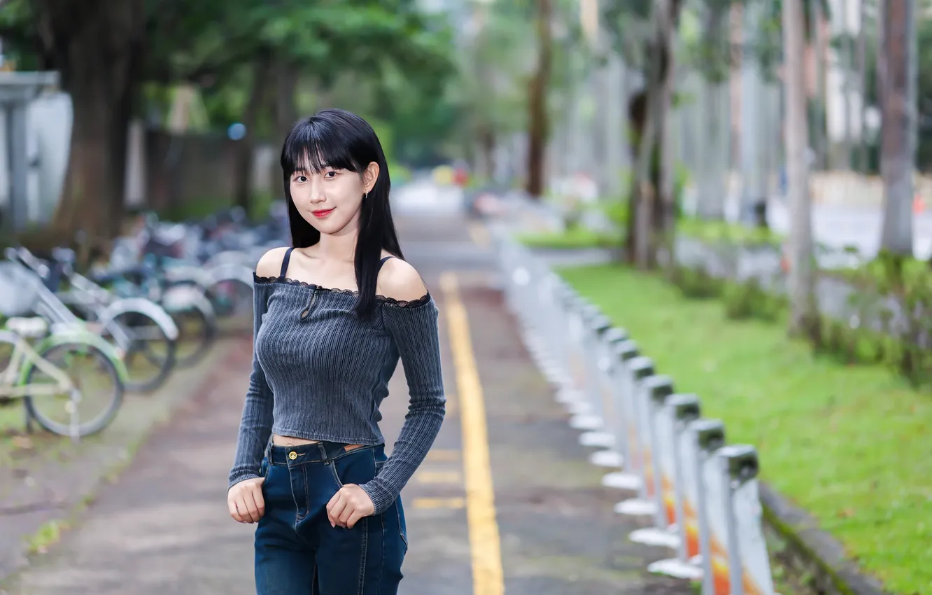 Photo wallpaper girl, pose, Asian, bokeh