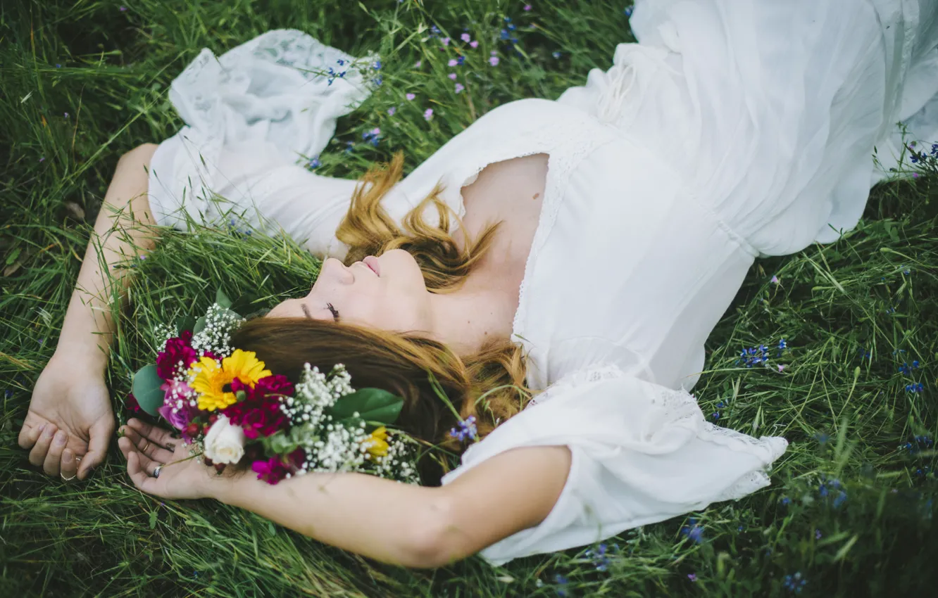 Photo wallpaper grass, girl, flowers, dress, lies, wreath