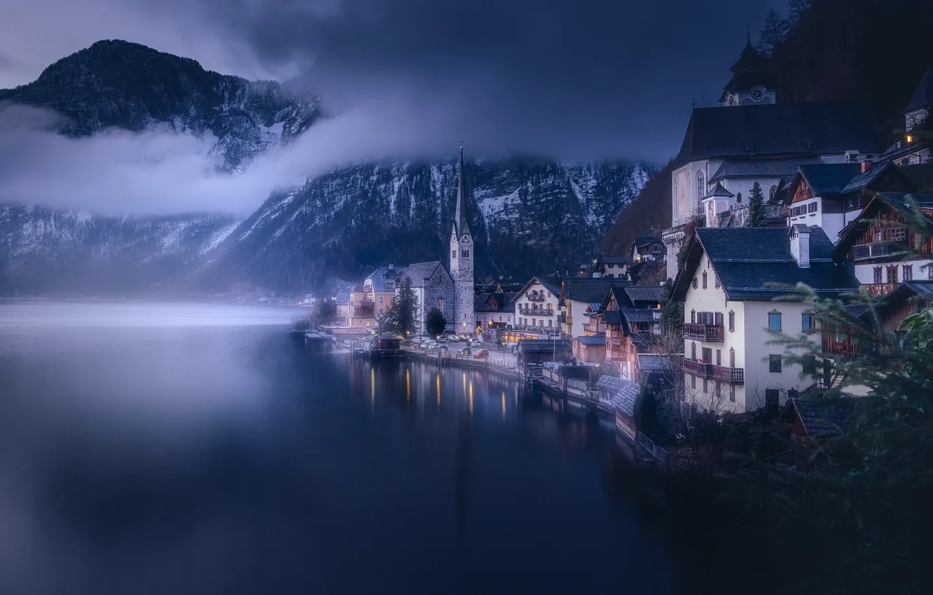 Photo wallpaper clouds, landscape, nature, lake, home, the evening, Austria, Hallstatt