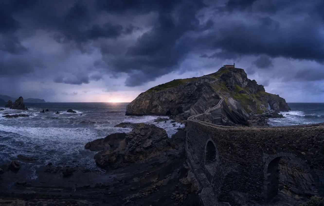 Photo wallpaper sea, the sky, clouds, bridge, old, stones, rocks, shore