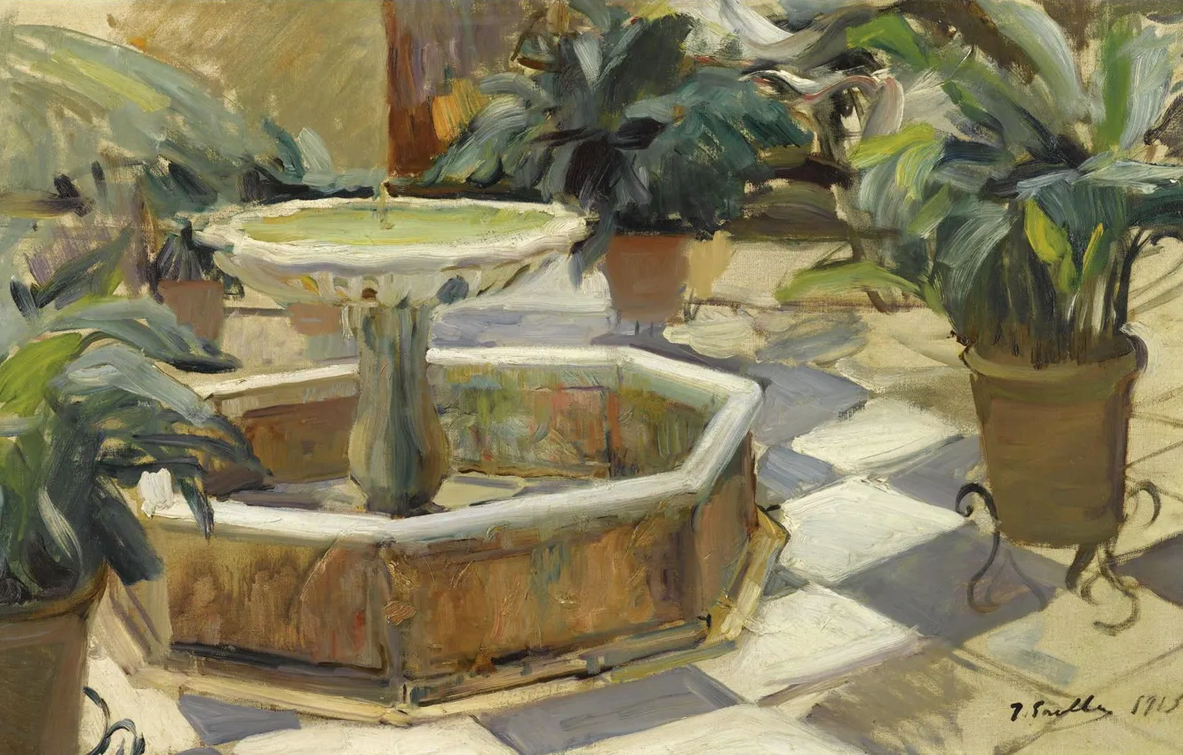 Photo wallpaper landscape, picture, Joaquin Sorolla, Joaquin Sorolla and Bastida, The fountain in the Courtyard. Seville