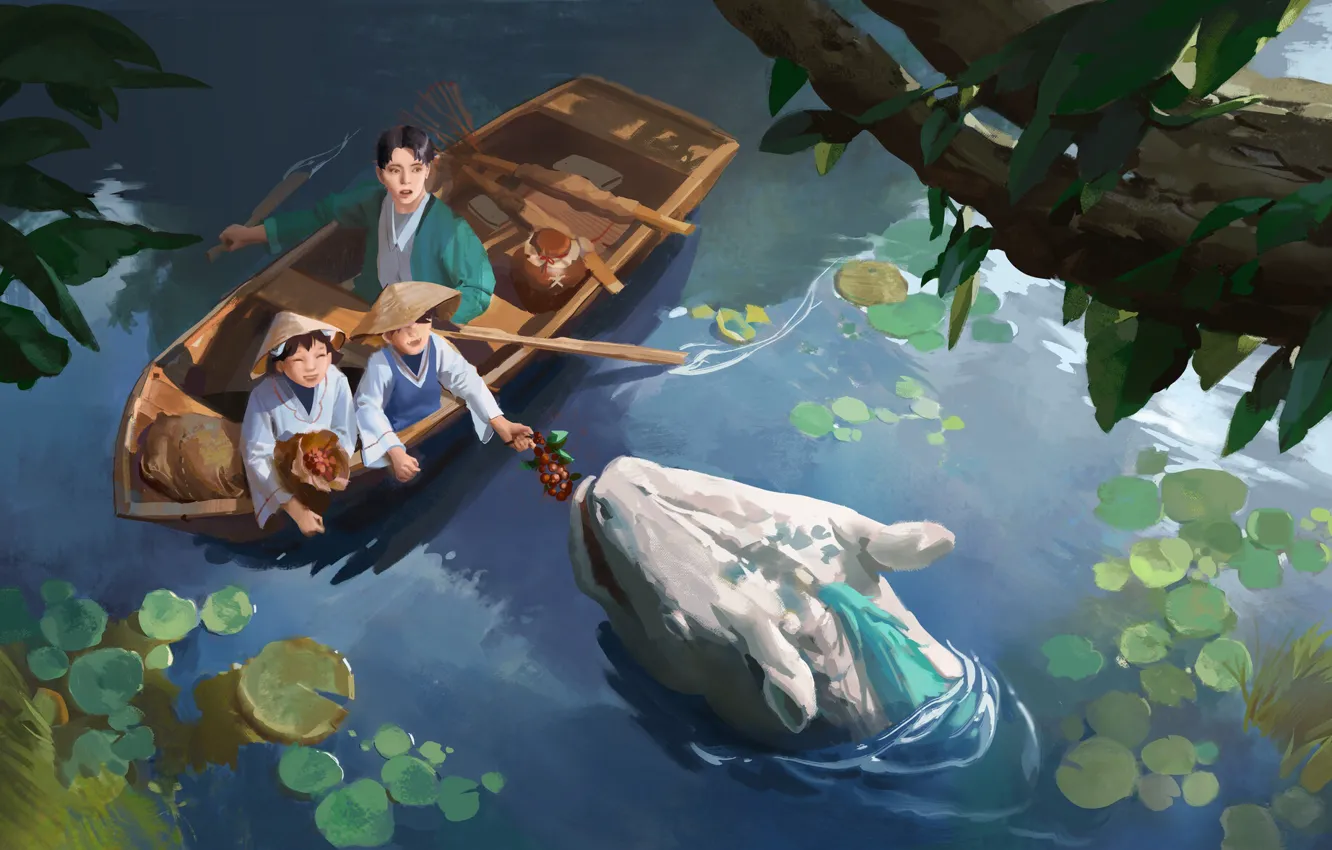 Photo wallpaper fantasy, water, lake, dragon, artist, digital art, berries, artwork