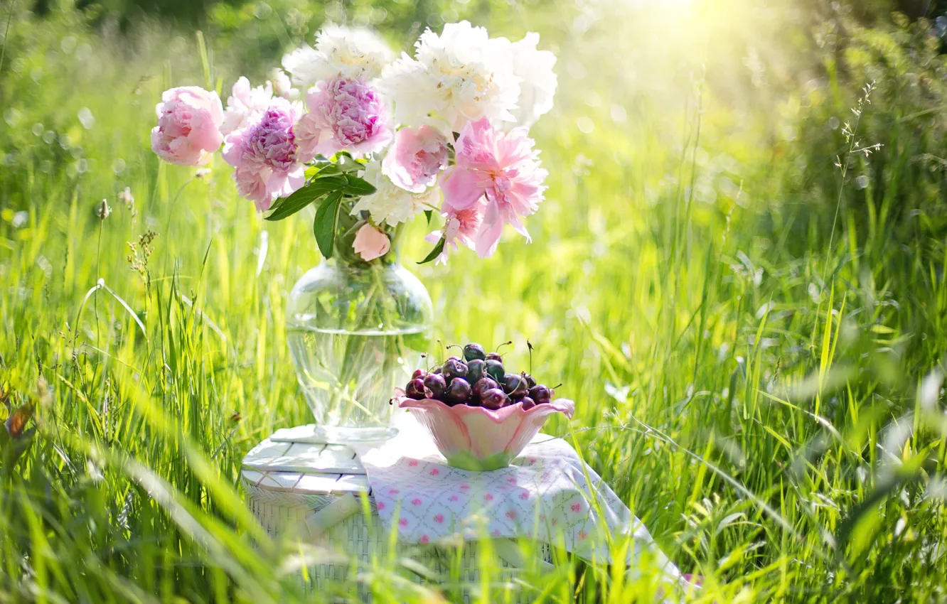 Photo wallpaper summer, grass, flowers, nature, berries, vase, still life, cherry