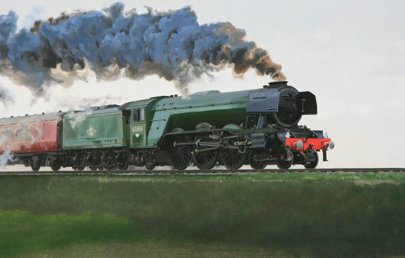 Photo wallpaper smoke, train, the engine, cars