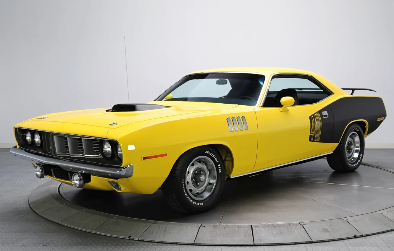 Photo wallpaper yellow, background, 1971, Plymouth, the front, Muscle car, Cuda, Muscle car