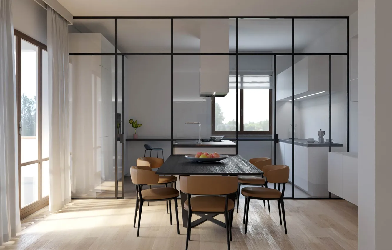 Photo wallpaper design, style, interior, minimalism, kitchen, dining room, dining area, separation of space