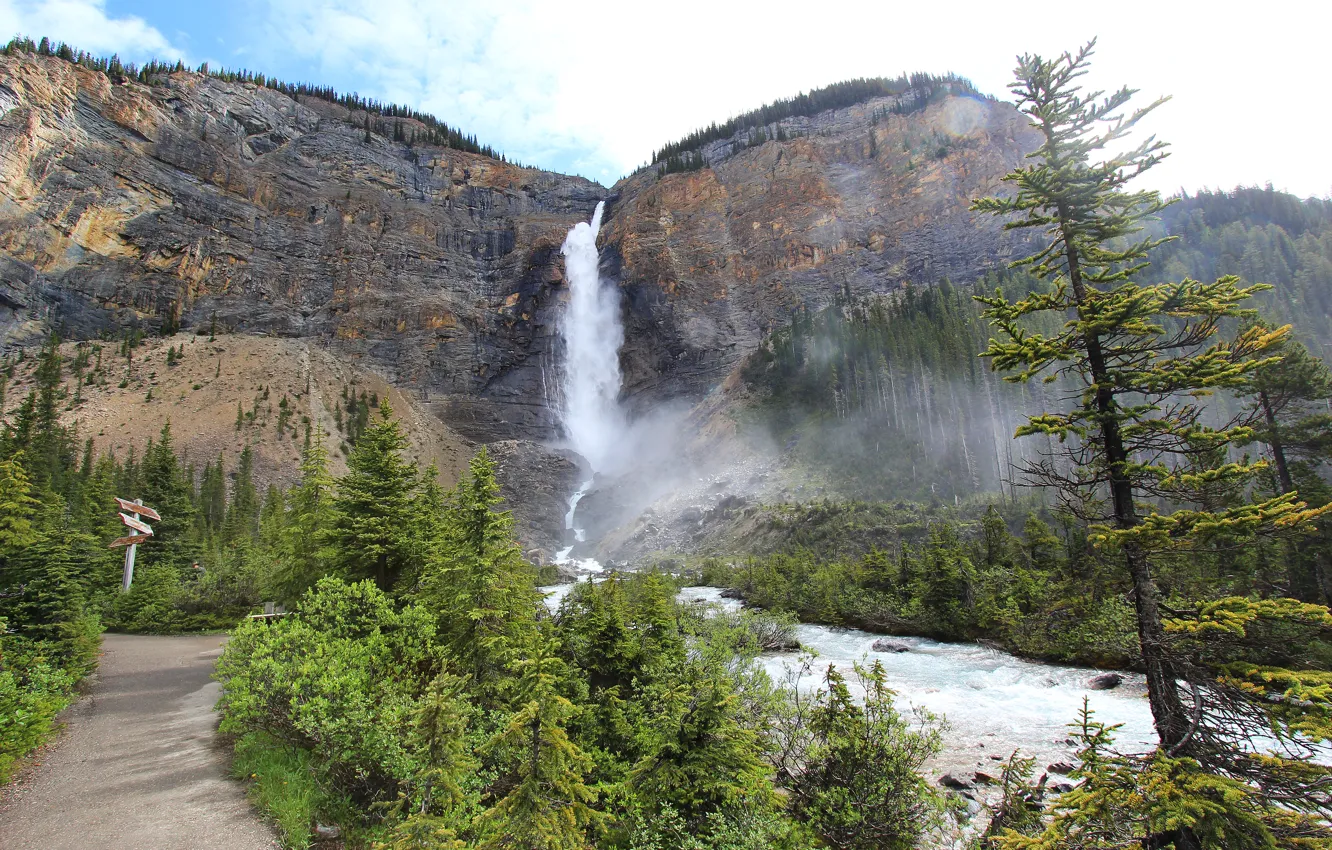 Photo wallpaper the sky, trees, mountains, river, waterfall, Canada, Canada, Takkakaw Falls