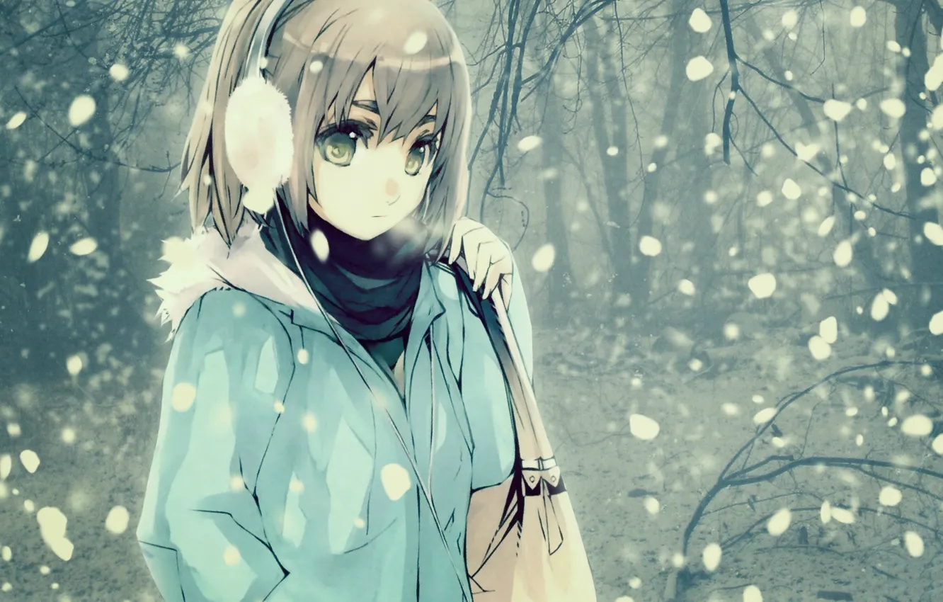 Photo wallpaper cold, winter, look, girl, snow, hair, anime, bag