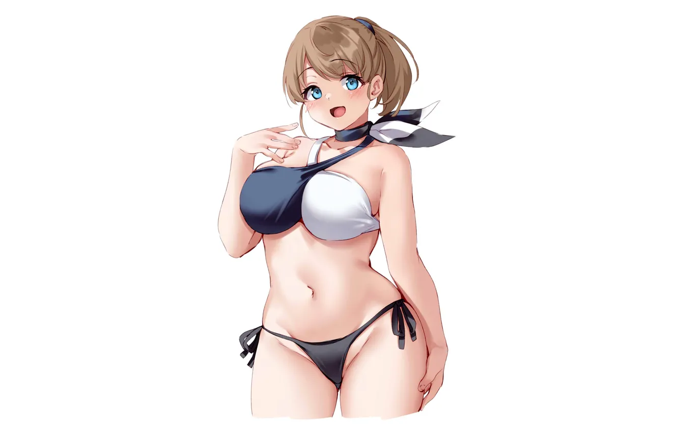 Photo wallpaper girl, sexy, cleavage, boobs, anime, beautiful, short hair, ponytail