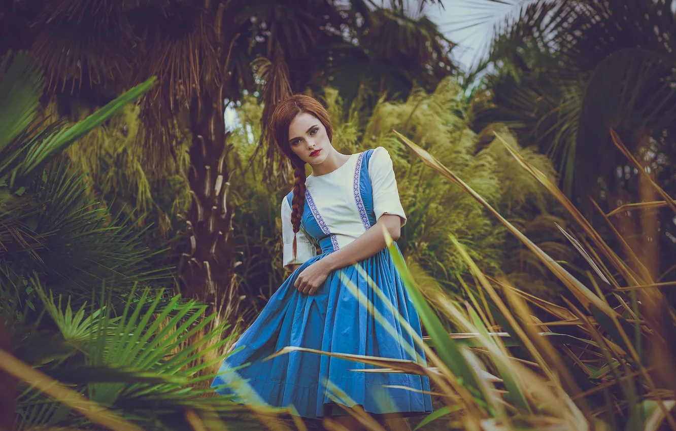 Photo wallpaper girl, nature, face, hair, dress