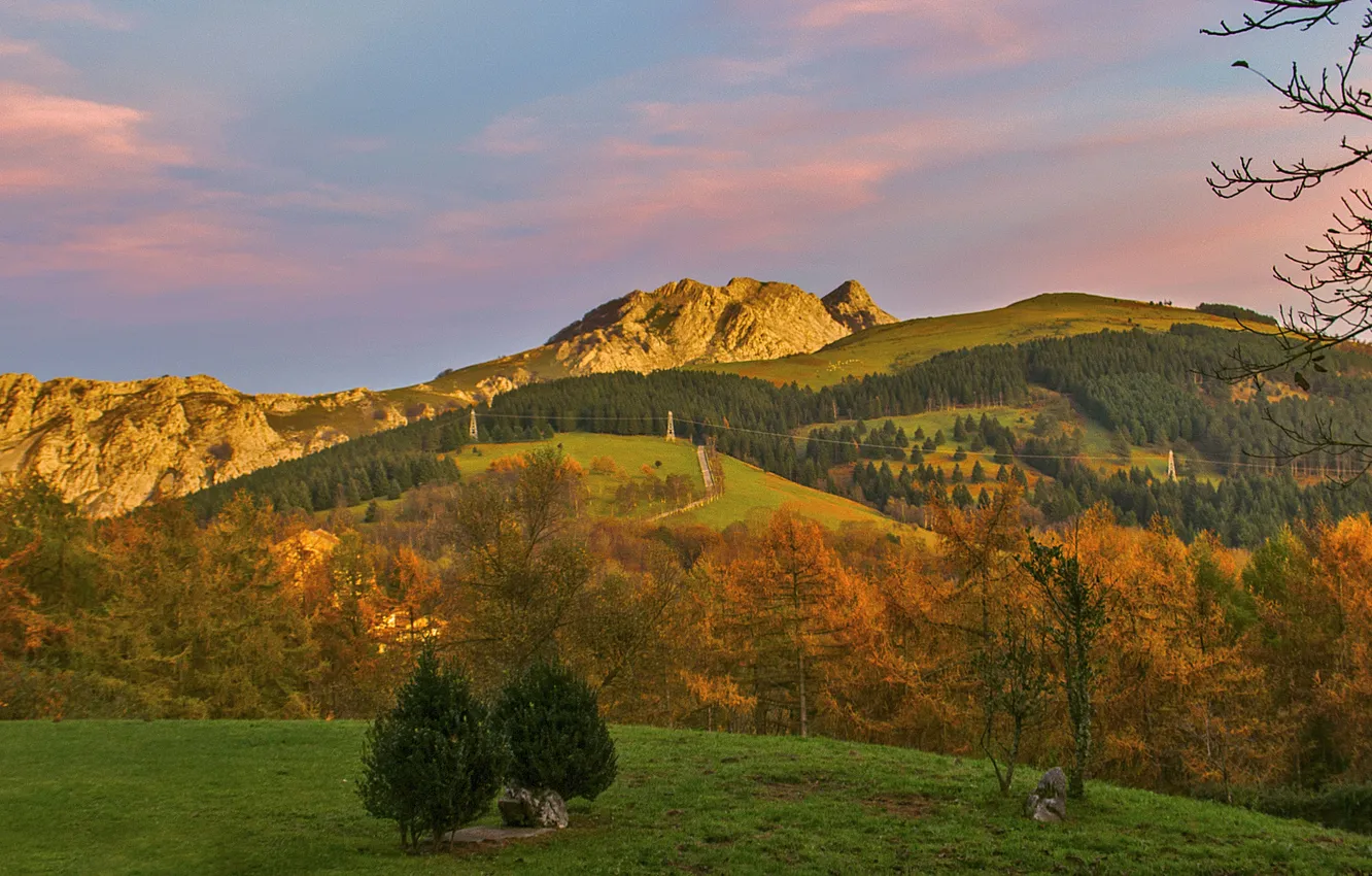 Photo wallpaper grass, sunset, mountains, hills, power line