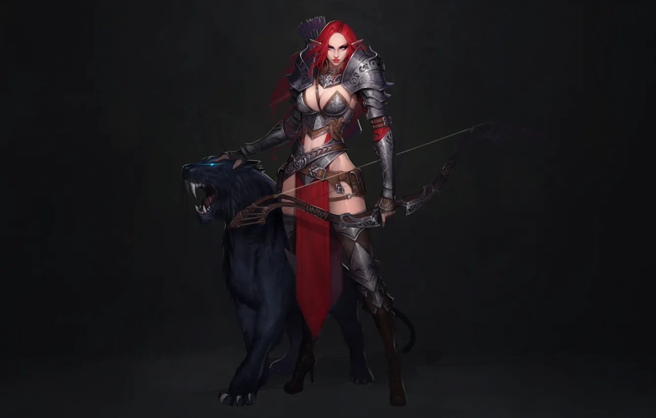 Photo wallpaper cat, girl, style, fiction, elf, minimalism, armor, Panther