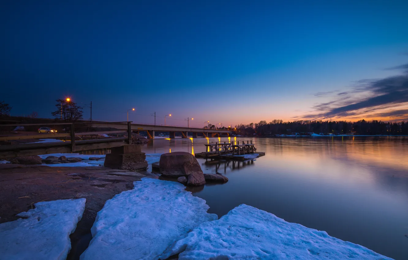 Photo wallpaper bridge, lights, the evening, Finland
