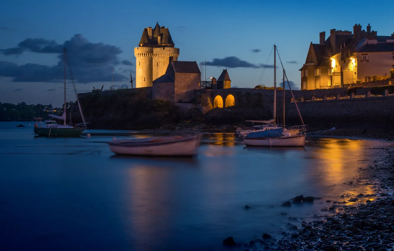 Photo wallpaper night, the city, river, France, tower, boats, backlight, Brittany