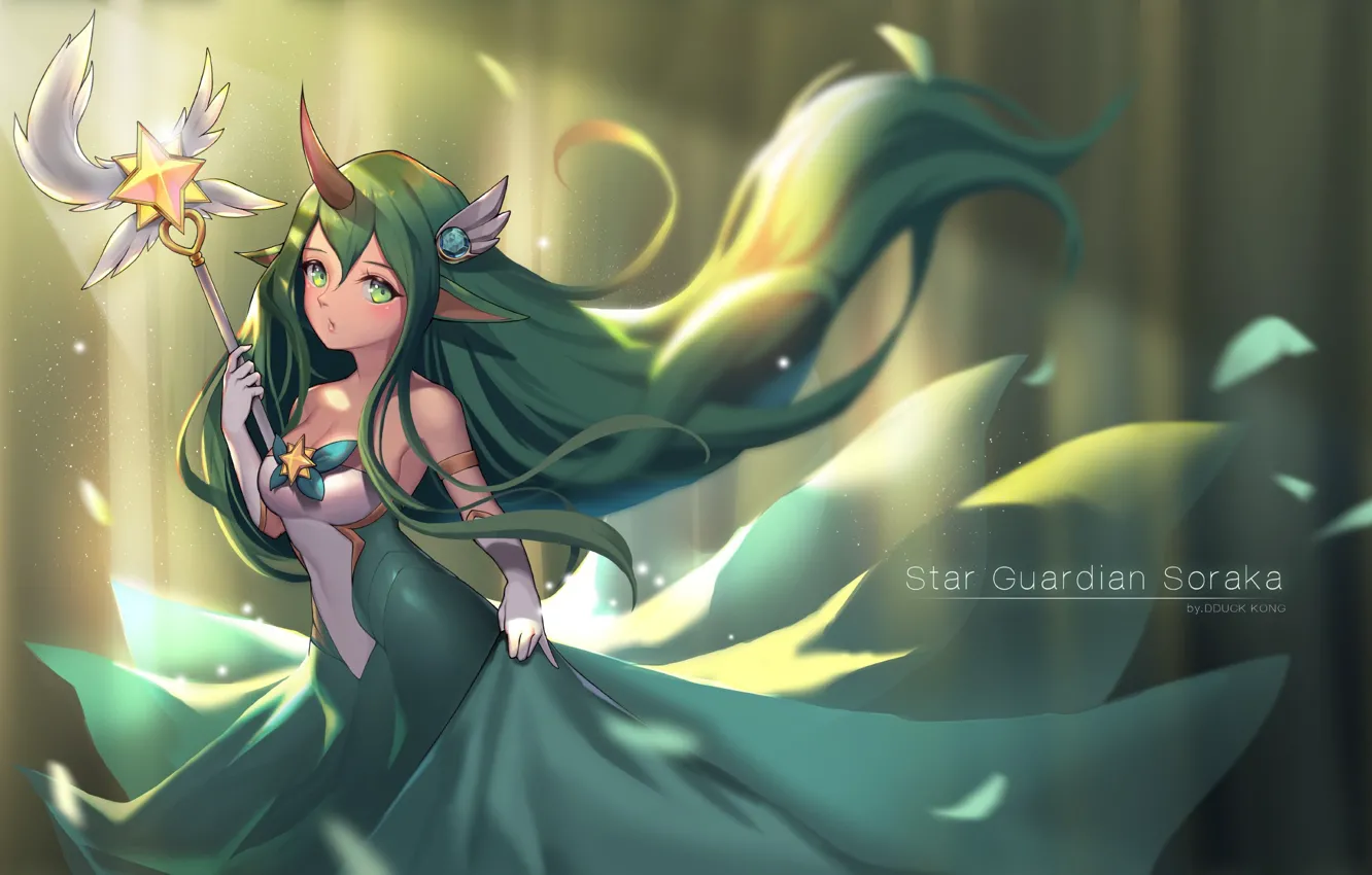 Photo wallpaper green, girl, star, dress, Soraka, powerful, strong, seifuku