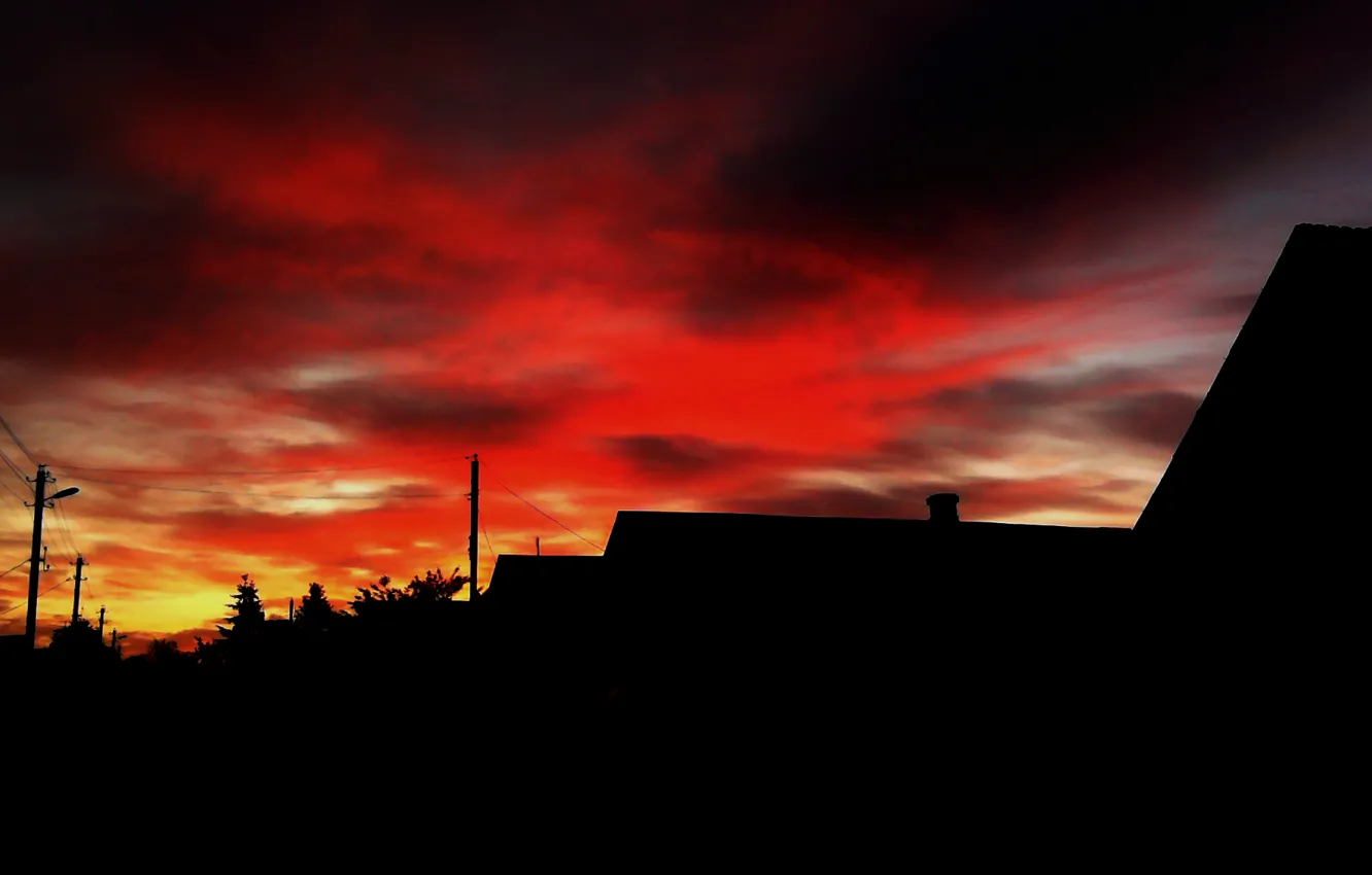 Photo wallpaper the sky, red, red, home, village, home, evening