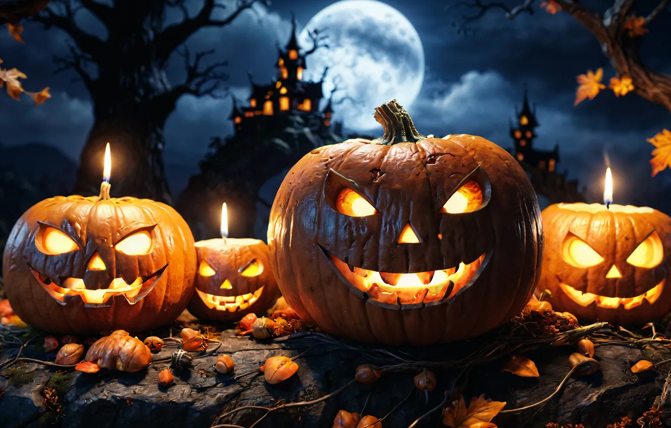 Photo wallpaper autumn, night, castle, the moon, candles, pumpkin, Halloween, AI ART
