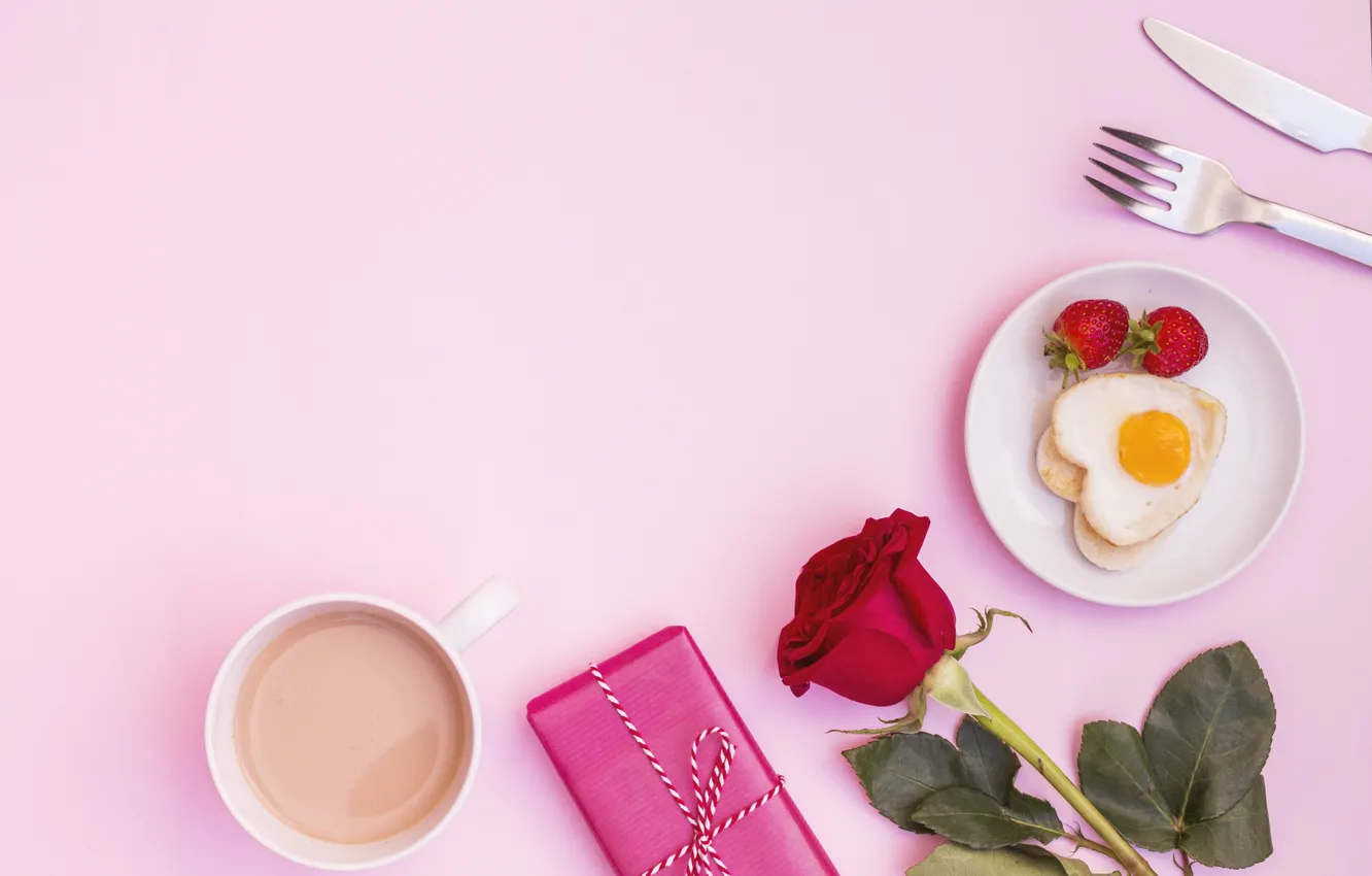 Photo wallpaper love, roses, Breakfast, love, scrambled eggs, pink, romantic, coffee cup