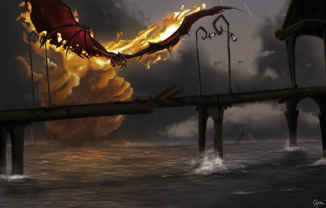 Photo wallpaper bridge, river, fire, dragon, the situation, art, fantasy, Hellfire