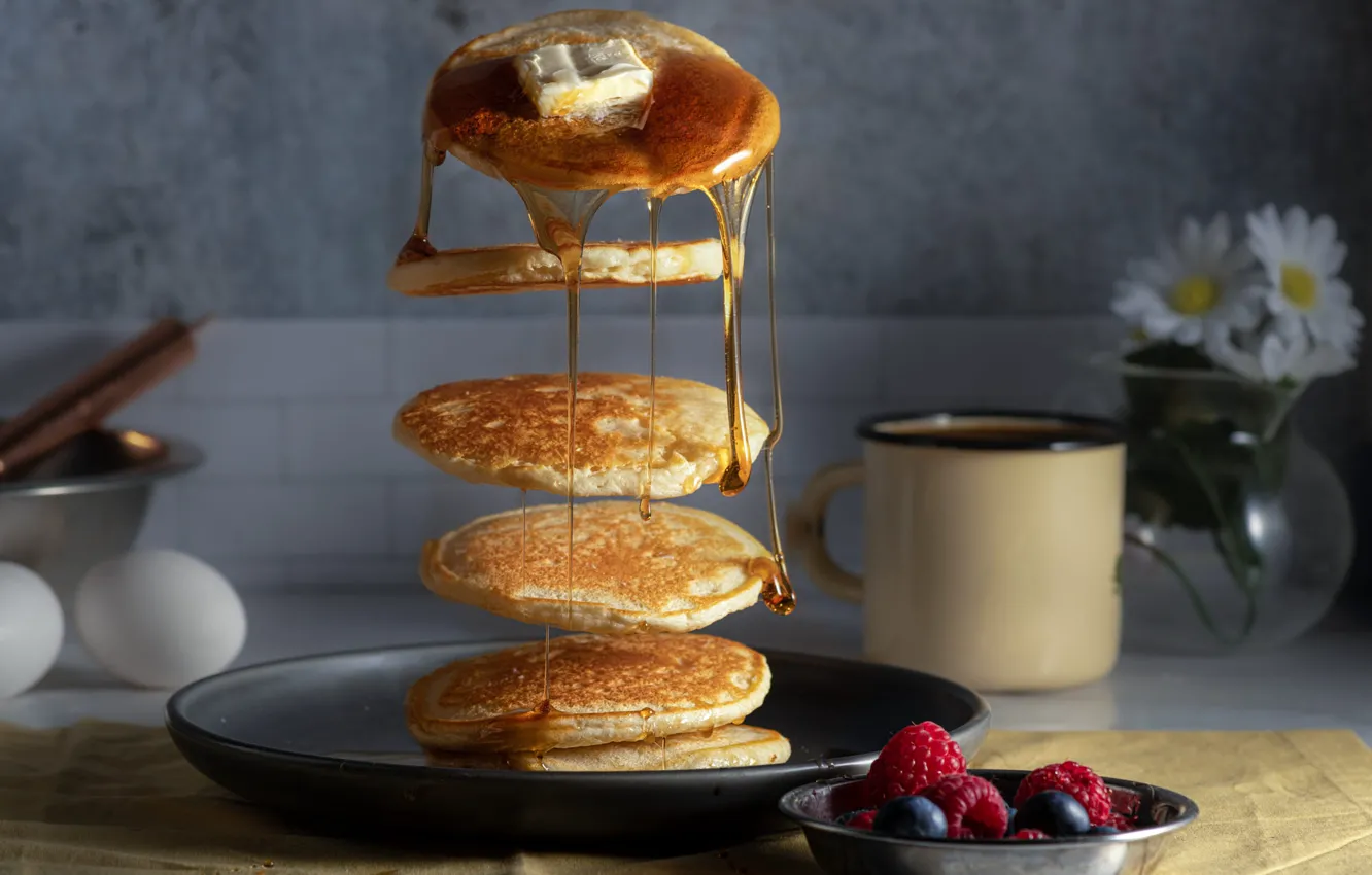 Photo wallpaper flowers, berries, raspberry, table, tea, tile, eggs, blueberries