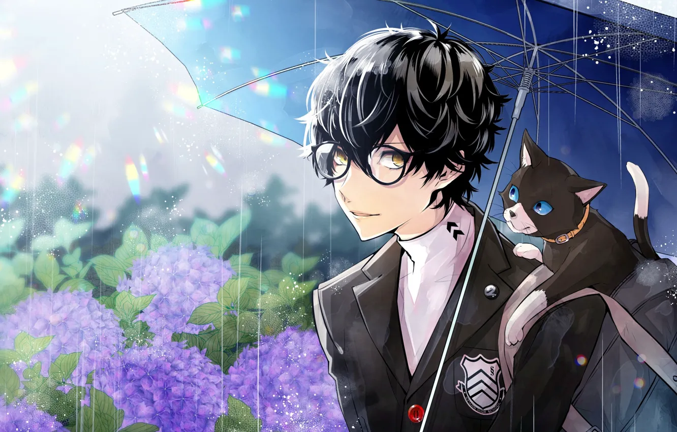 Photo wallpaper flowers, rain, the game, umbrella, anime, art, guy, hydrangea