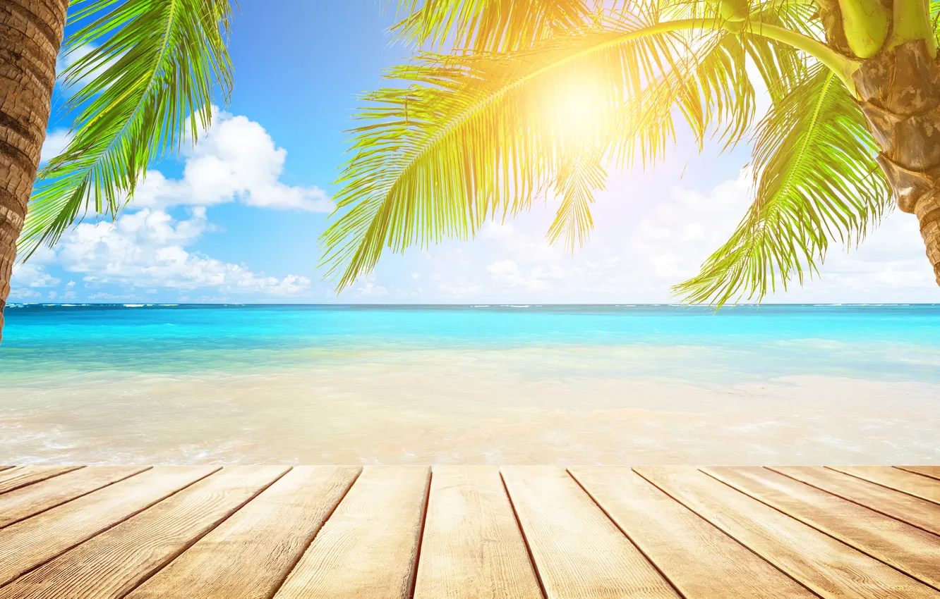 Photo wallpaper sand, sea, wave, beach, summer, the sky, palm trees, shore