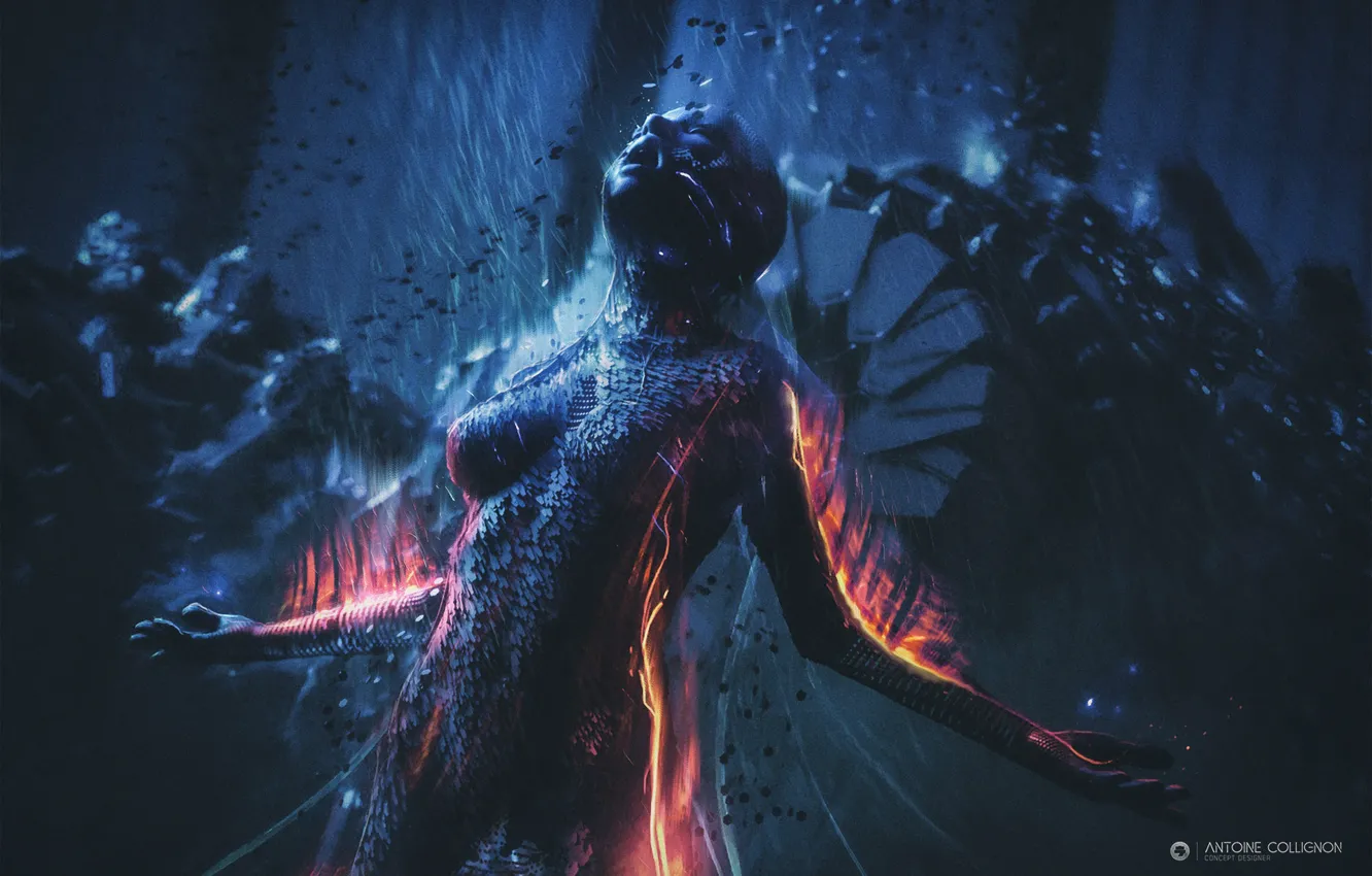 Photo wallpaper lights, flame, woman, robot, audio android, Antoine Collignon