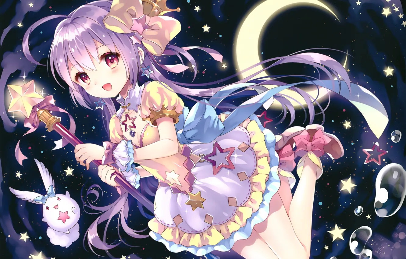 Photo wallpaper look, night, smile, bubbles, the moon, stars, earrings, crown