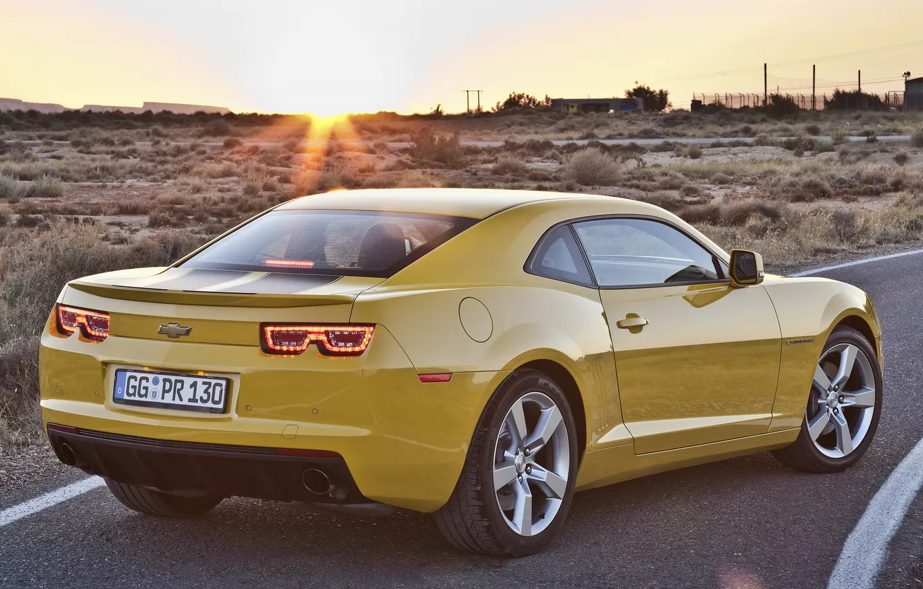 Photo wallpaper sunset, yellow, coupe, Chevrolet, Camaro, Chevrolet, muscle car, rear view